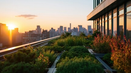 Naklejka premium Rooftop garden with modern architecture and lush plants overlooking city skyline