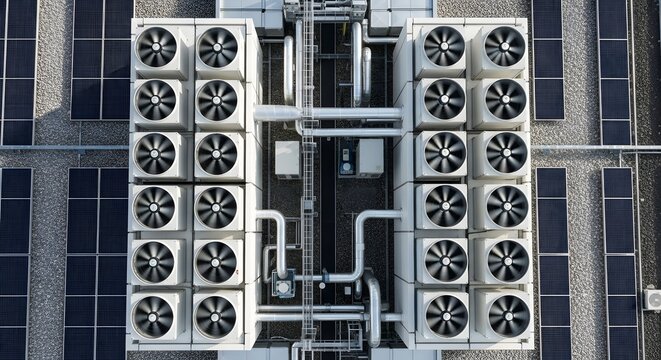 Aerial view of industrial cooling units and solar panels