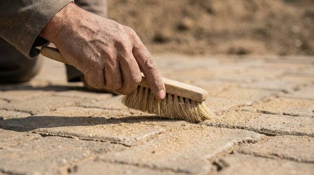 Close up of a man hand sweeping sand into paving stone joints for patio installation and hardscaping maintenance