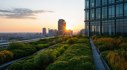 Naklejka premium Rooftop garden on a modern skyscraper with sustainable architecture at sunset city