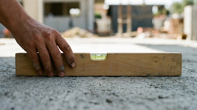 Construction worker using a wooden spirit level to check concrete floor flatness on a building site