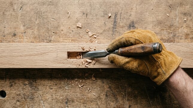 Carpenter carving a mortise joint in oak wood with a sharp chisel for traditional furniture making and woodworking projects