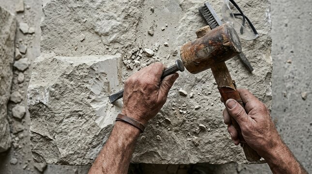 Close up of an elderly male stonemason carving rough limestone block with mallet and chisel in workshop