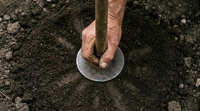 Close up of an elderly man using a manual soil tamper to compact loose garden dirt for planting preparation