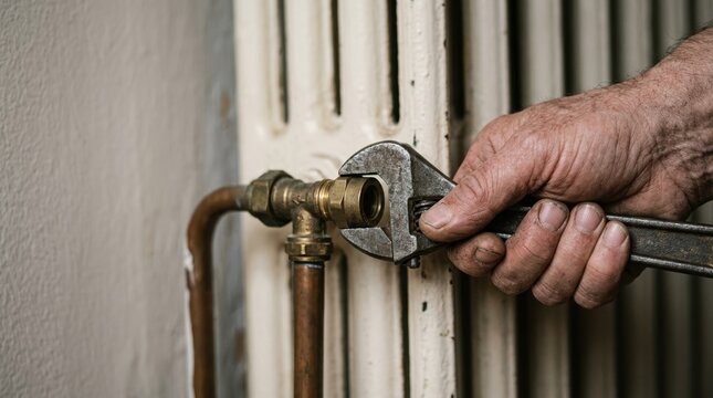Senior man repairing old radiator pipe with adjustable wrench, home heating maintenance and plumbing repair concept
