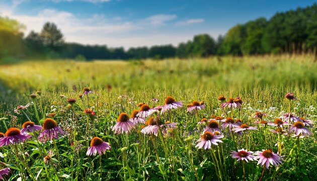 Grassland Landscape In Summer With Blooming Coneflowers And Generic Vegetation With Blurred Trees In The Background