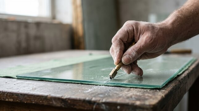 Professional glazier cutting glass sheet with handheld tool in workshop for custom window installation project