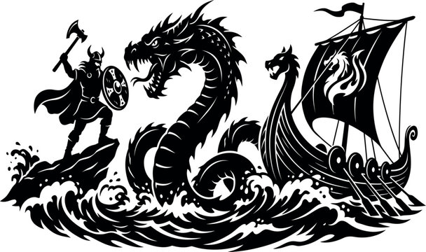 Epic Viking Warrior Battle Against Giant Sea Dragon Monster and Longship in Stormy Ocean Waves Silhouette Vector Illustration for T-shirt Design Tattoo and Norse Mythology Art