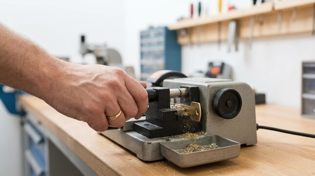 Professional locksmith duplicating a metal house key using a precision key cutting machine in a workshop