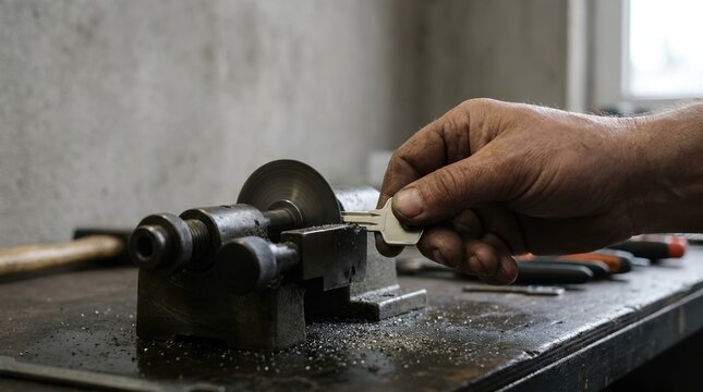 Locksmith cutting a new key on a professional machine in a workshop, close up of male hands duplicating a metal house key