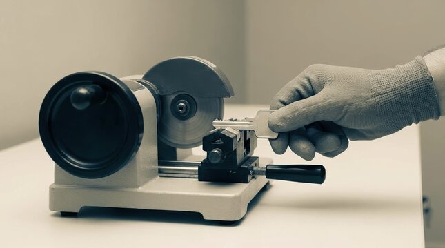 Professional Locksmith Cutting New Metal Key Using Precision Machine Tool for Security and Home Access Services