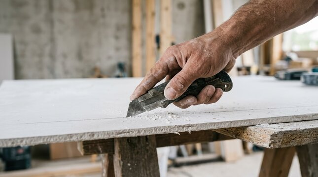 Construction worker cutting drywall sheet with utility knife on wooden sawhorse for home renovation project