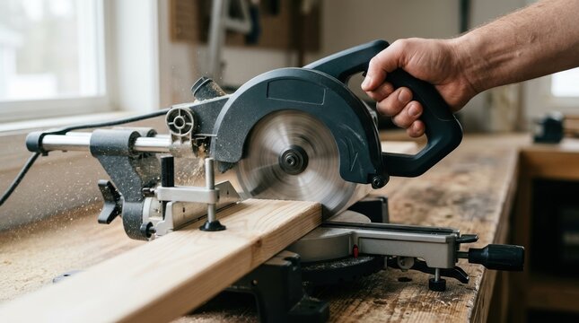 Carpenter using a miter saw to cut wooden plank in workshop for home renovation project and professional woodworking