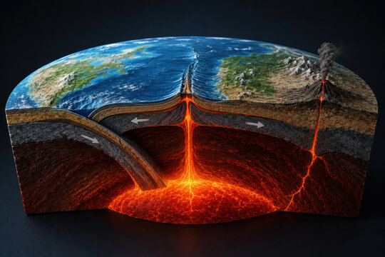 Plate Tectonics Cross Section Showing Subduction, Magma and Volcanic Activity