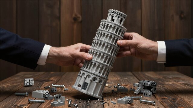 Two hands assemble a tilted Lego Leaning Tower of Pisa on wooden surface.