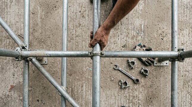 Construction worker assembling metal scaffolding structure on site for building renovation project