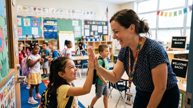 Teacher and student high five in a bright elementary school classroom celebrating the start of the school year