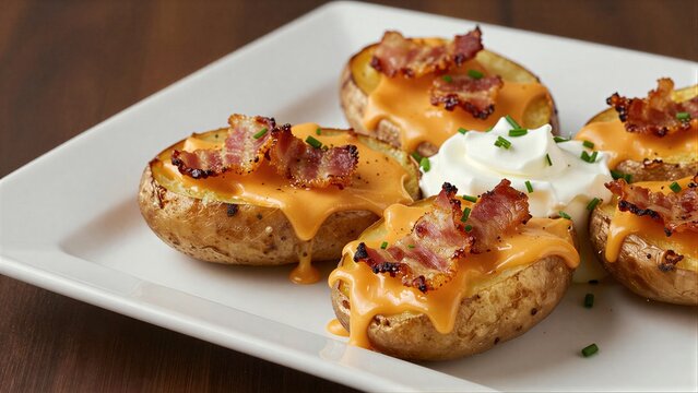 Baked potatoes topped with melted cheese, bacon, and chives on a white plate.