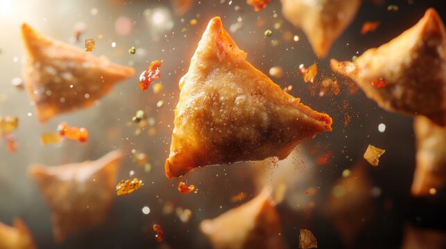 samosas floating in the air, surrounded by splashes of chutney and specks of spice; generative ai
