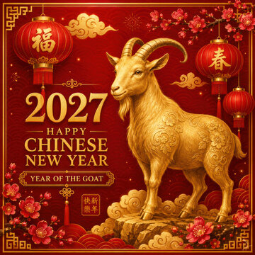 2027 Chinese New Year &ndash; Year of the Goat Golden Poster with Red Lanterns and Plum Blossoms
