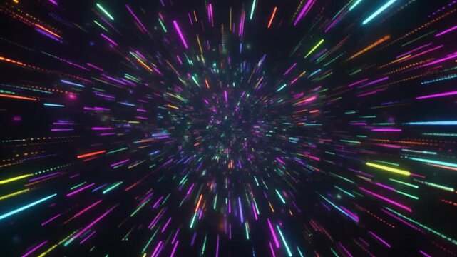 Lightshow Burst in Colorful Space Tunnel Moving Through Vibrant Streaks