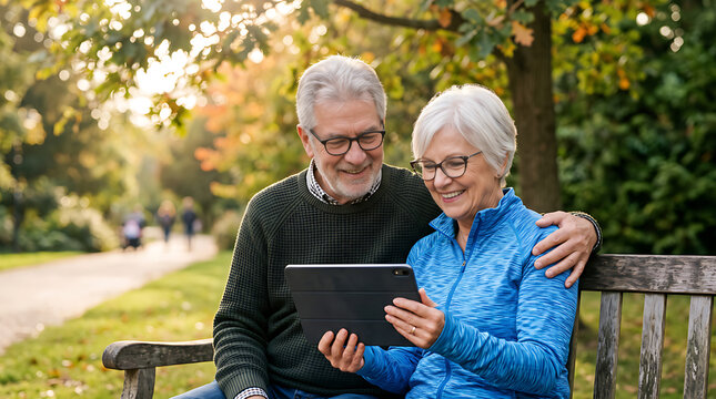 Happy Senior Couple Using Digital Tablet While Sitting on Park Bench in Autumn, Enjoying Technology and Quality Time Together