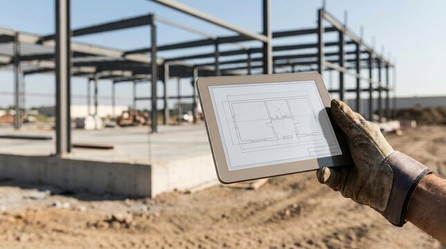Construction worker holding digital tablet with blueprint at steel frame building site for project management