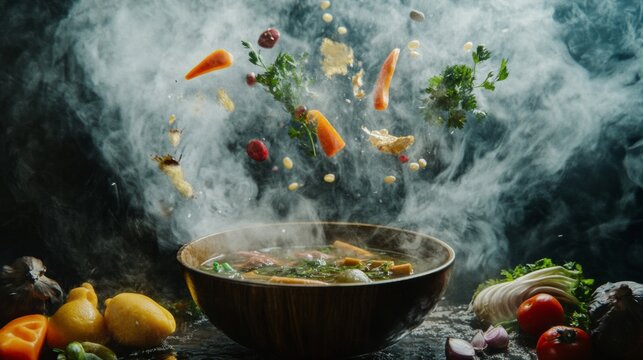 sancocho ingredients floating in the air; vegetables and herbs suspended around a steaming broth, generative ai
