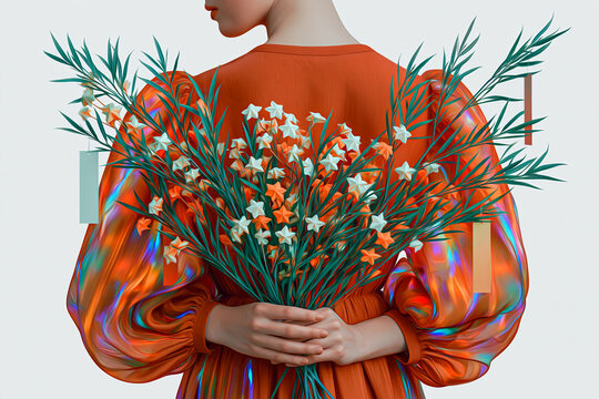Woman in Coral Dress Holding Bamboo Branch with Origami Stars