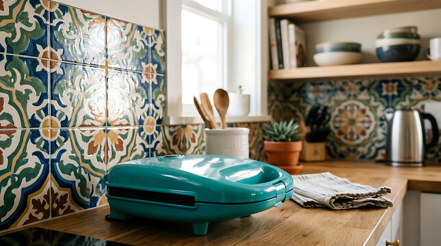 Teal waffle maker sits on a wooden countertop in a bright kitchen with decorative tile backsplash and a window.