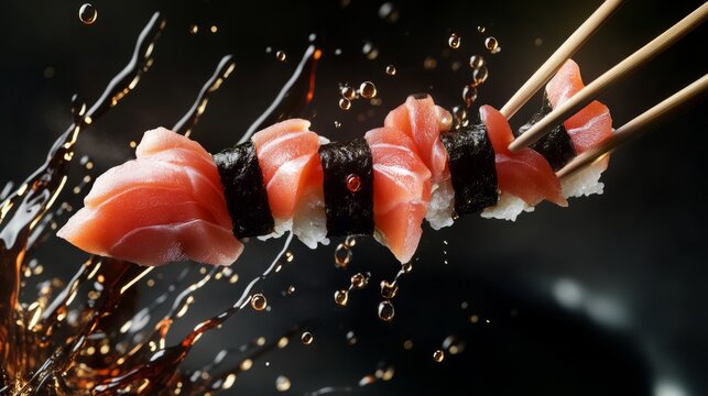 Slices of sashimi floating in the air generative ai