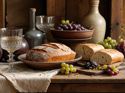 Communion Table Still Life With Bread, Wine and Sacred Ritual