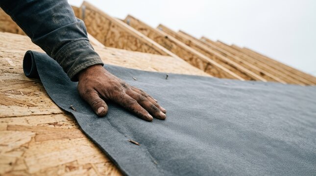 Construction worker installing black roofing underlayment on plywood roof deck for residential home renovation project