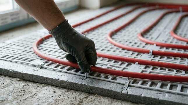 Professional worker installing radiant floor heating system with red PEX tubing on insulation panels for home renovation