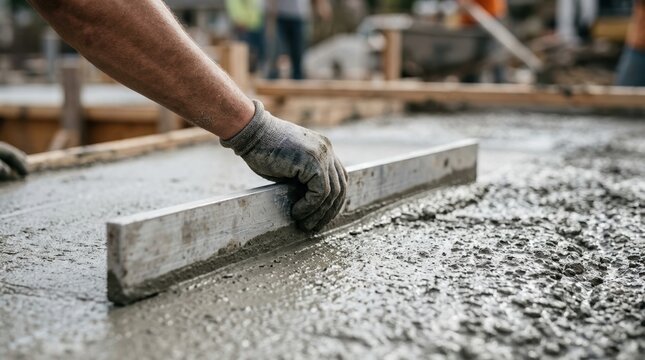 Construction worker leveling wet concrete slab with screed board for residential foundation pouring project