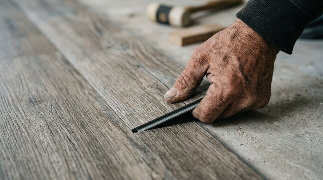 Close up of senior man hands installing laminate wood flooring planks during home renovation project