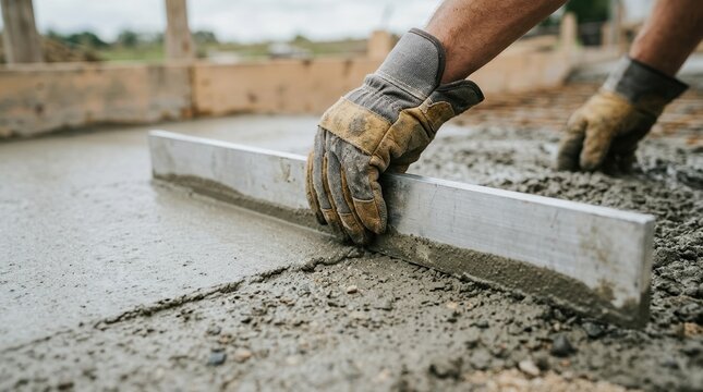 Construction worker leveling wet concrete slab with screed board for residential foundation project