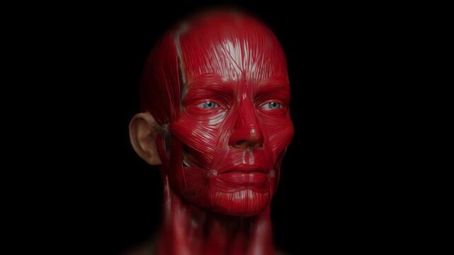 Detailed anatomical model of human head muscles in profile view