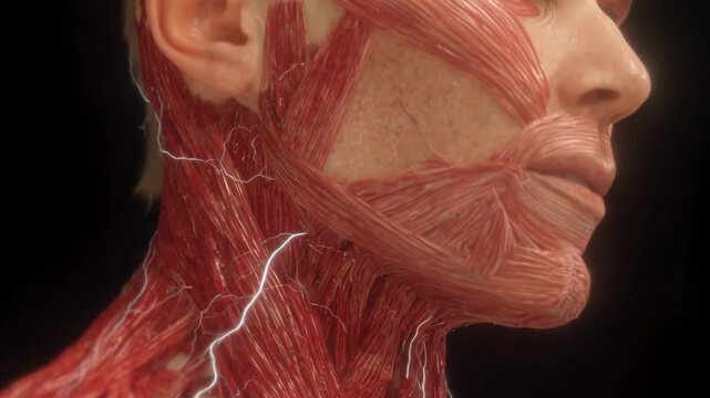 Detailed anatomical view of human neck muscles and nerves with electrical energy