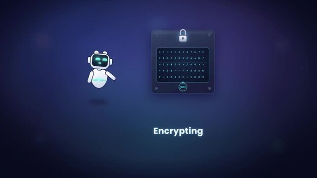 Cute AI robot assistant encrypting data with security lock cybersecurity concept animation