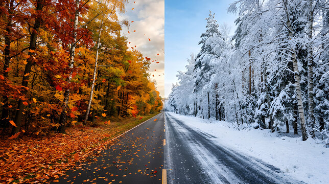 Surreal landscape photo of a forest road split perfectly between fiery autumn leaves and frozen winter snow.