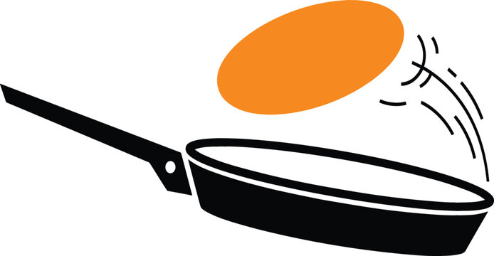 Flipping pancake or crepe in a frying pan vector logo featuring black skillet line art silhouette with dynamic motion lines and orange food element