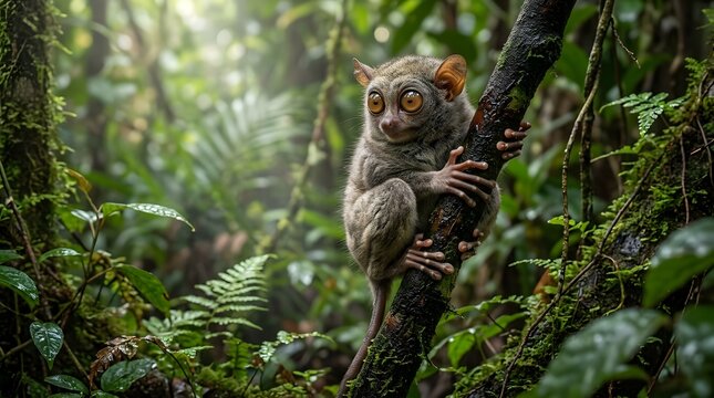 Philippine tarsier with huge eyes clinging to mossy tree branch in jungle