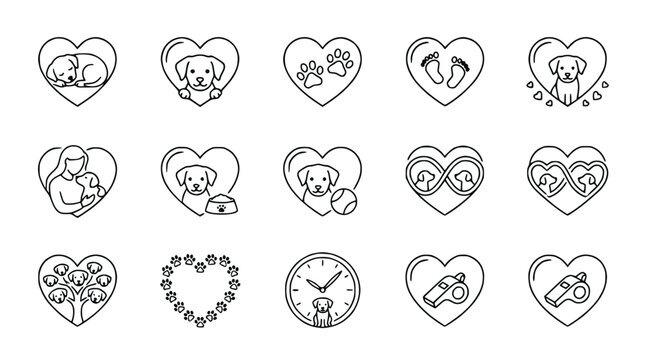 Dog Lover Heart Icons: Cute Pet Care, Love, and Adoption Line Art Set