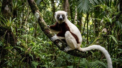 Fototapeta premium Coquerel's sifaka lemur sitting on a mossy tree branch in lush forest
