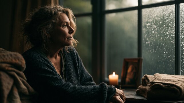 A middle-aged woman in a dark sweater sits by a rain-streaked window, folded blanket at her side, a lit candle on the table, and a framed photo nearby, capturing grief, memory, and quiet resilience.