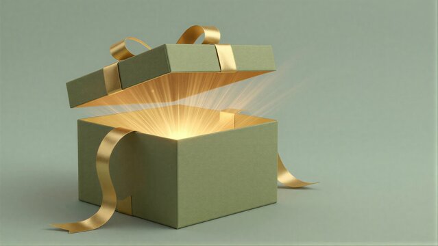 Open gift box emits golden light, symbolizing surprise and joy.