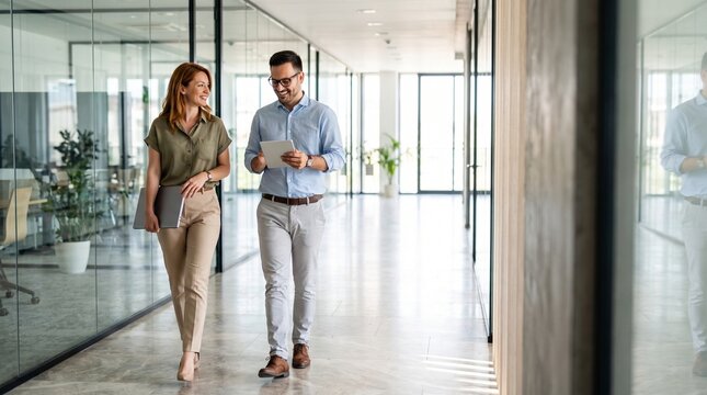 Business professionals walking together reviewing digital tablet in bright modern office corridor