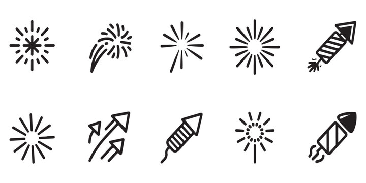 Fireworks and party rocket icons in black linear style for festive celebration vector illustration set design elements.