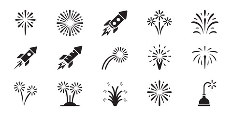 Fireworks and rocket icon set, festive celebration elements, pyrotechnic explosion, party decoration. © MONSUR.99